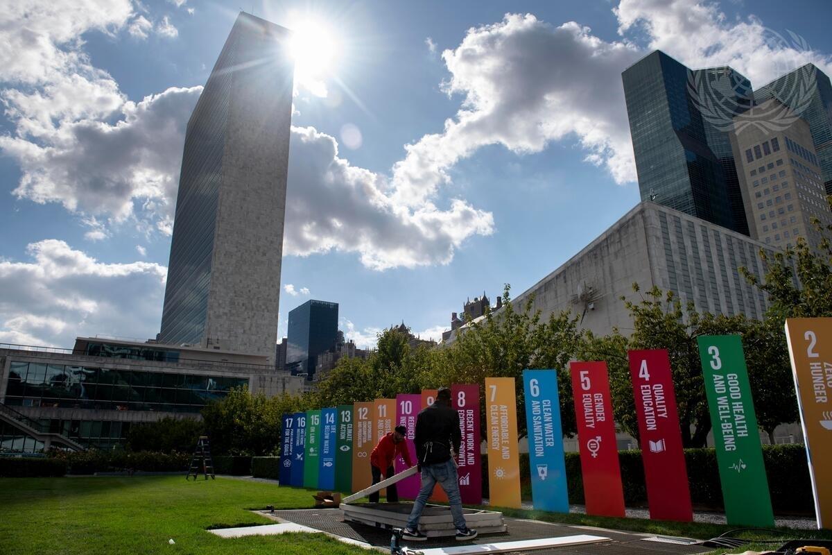 The SDG Action Zone being constructed on the lawn of UN Headquarters in September 2019